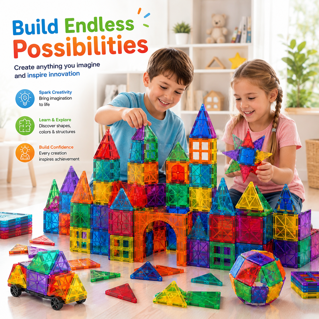 Children building colorful geometric structures.