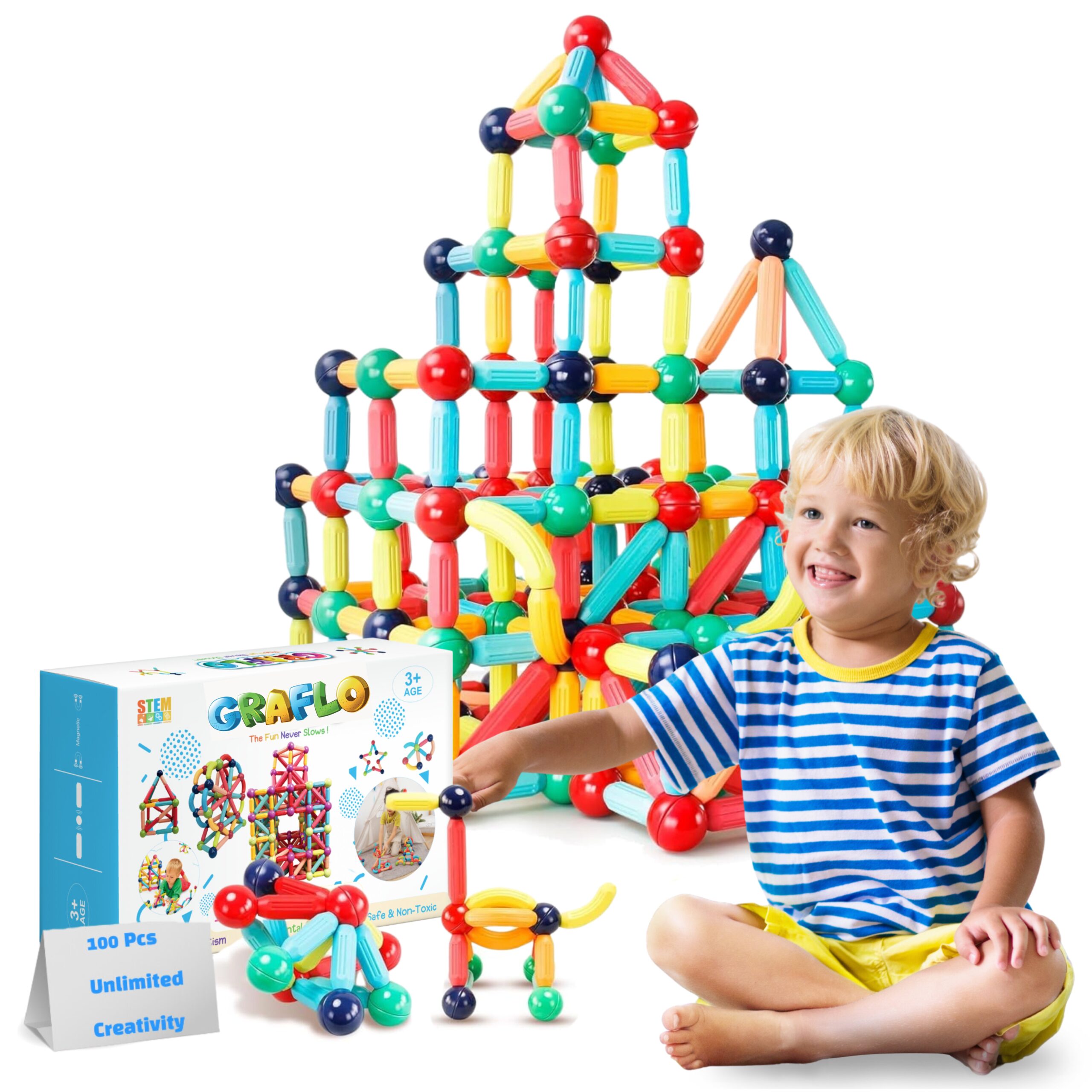 GRAFLO Magnetic Building Sticks for Kids Education & Fun - 100Pcs (+3 Years)