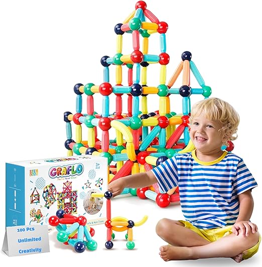 GRAFLO Magnetic Building Sticks for Kids Education & Fun - 100Pcs (+3 Years)