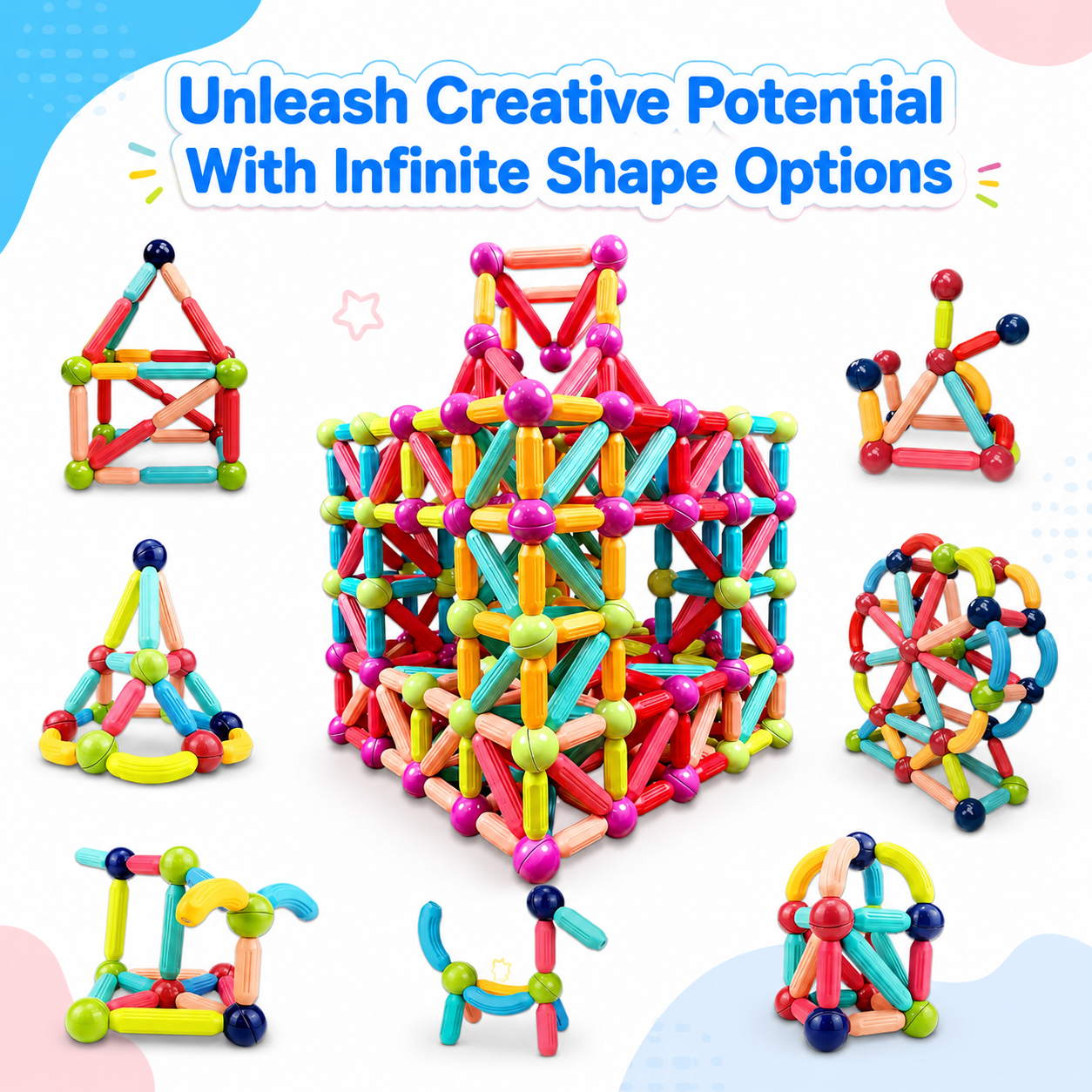 Colorful building GRAFLO toys in various shapes