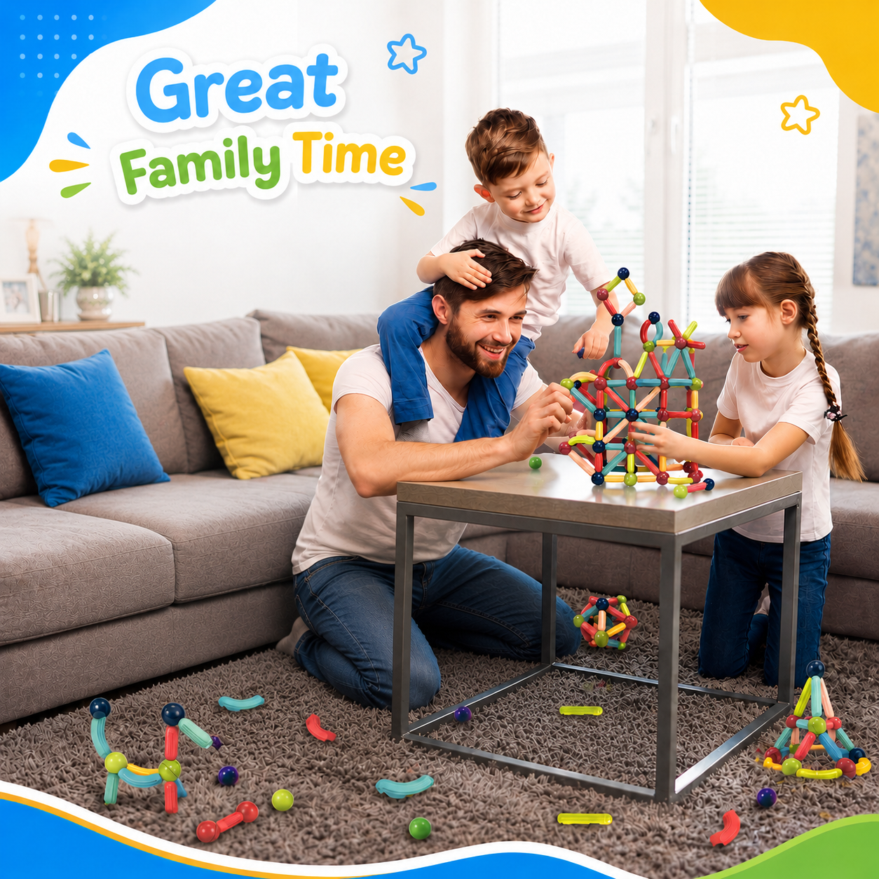 Family playing with GRAFLO colorful building toys