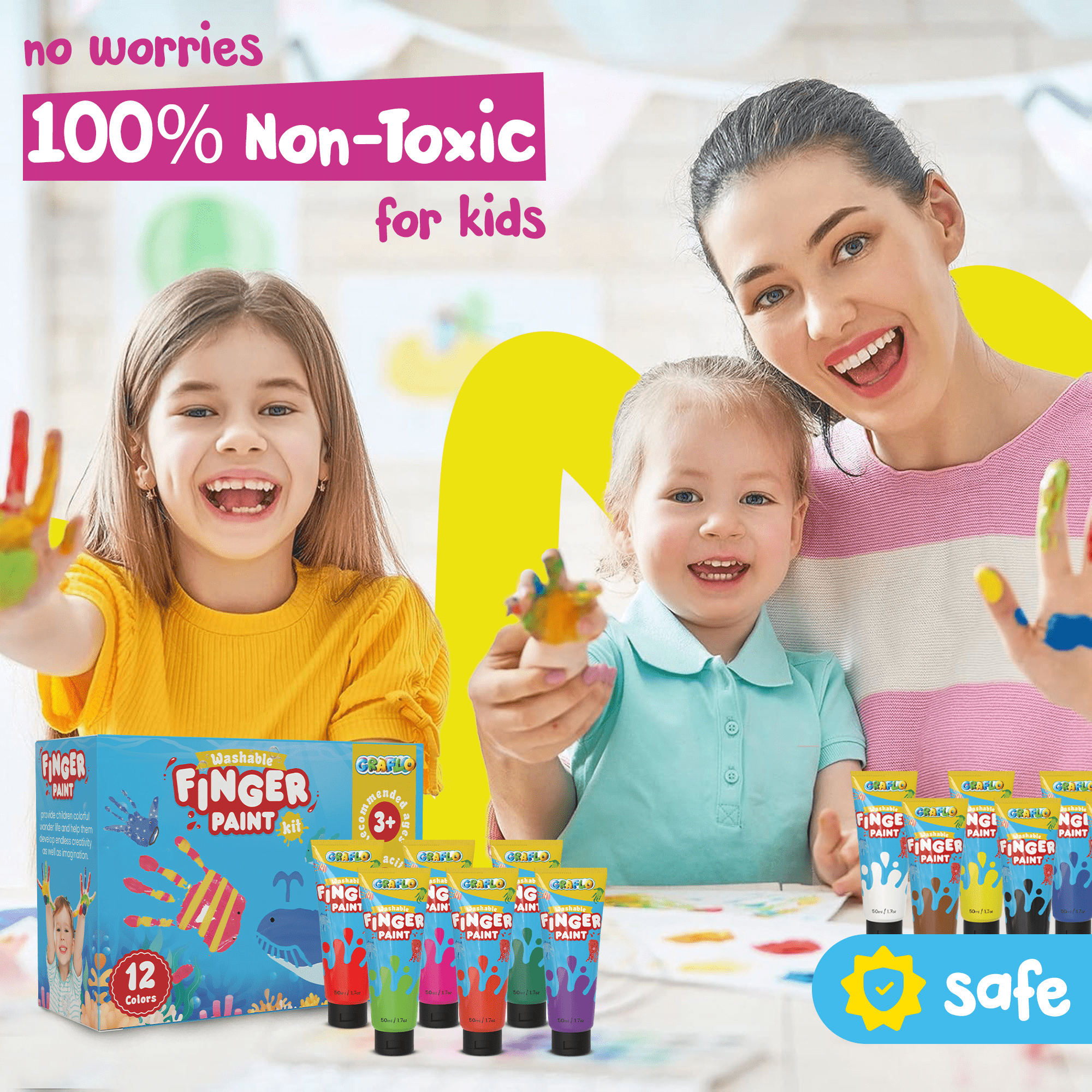 Washable Finger Paint for Kids - 12 Non-Toxic Colors Creative Art Set ...