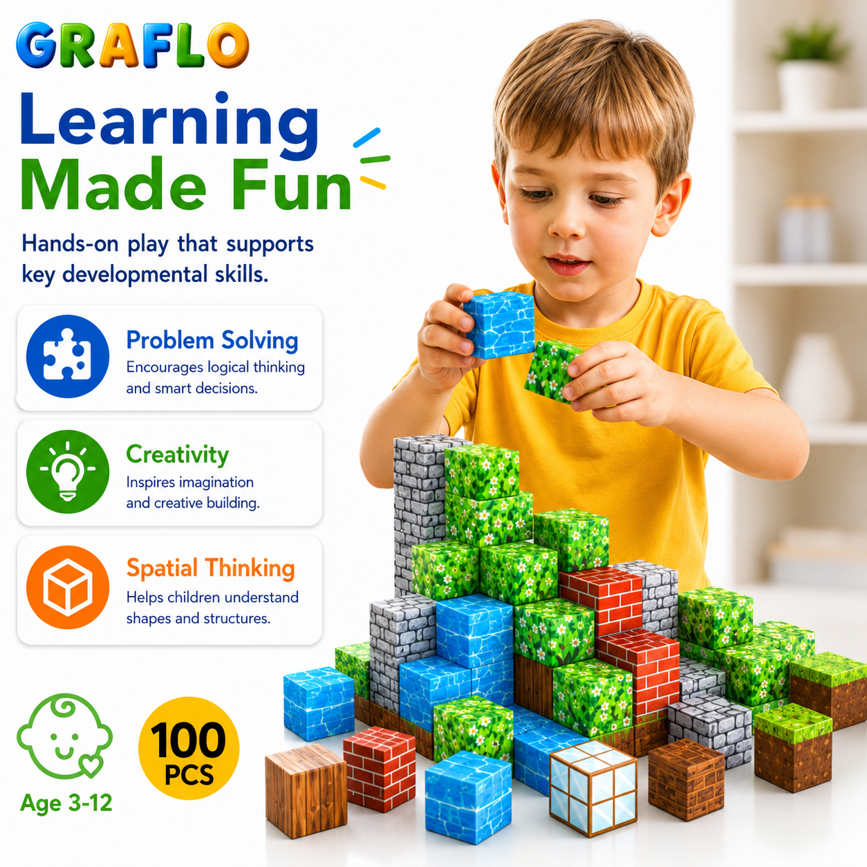 Child playing with GRAFLO colorful building blocks