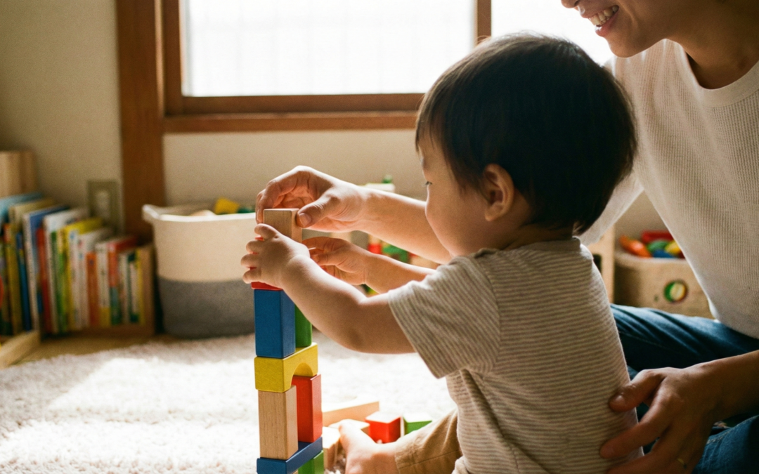 Toddler and parent playing with colorful wooden blocks on the floor, illustrating the use of fun educational toys for early childhood development.