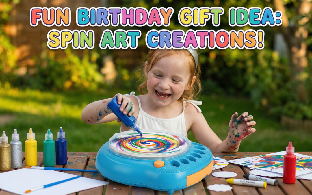 Happy six-year-old girl with paint-covered hands outdoors, using a blue GRAFLO spin art machine to create colorful patterns. She is squeezing blue paint onto a spinning disc, surrounded by paint bottles, crayons, and artboards on a wooden table. Colorful text overhead reads "FUN BIRTHDAY GIFT IDEA: SPIN ART CREATIONS!".