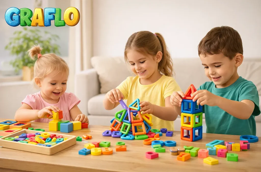 Children playing with educational learning toys and magnetic construction toys for early childhood development