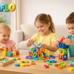 Children playing with educational learning toys and magnetic construction toys for early childhood development
