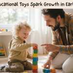 Toddler and parent playing with colorful wooden blocks on the floor, illustrating the use of fun educational toys for early childhood development.
