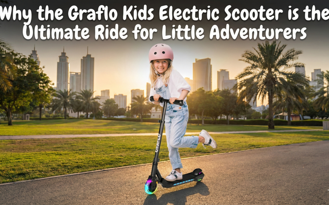 Smiling girl wearing a pink helmet riding a black Graflo kids electric scooter with colorful light-up wheels on a park path, with palm trees and city skyscrapers in the background. Title text overhead reads "Why the Graflo Kids Electric Scooter is the Ultimate Ride for Little Adventurers".