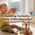 Laughing toddler playing with magnetic STEM building blocks in a sunlit living room, with text overlay "Building Curiosity: Early STEM Education"