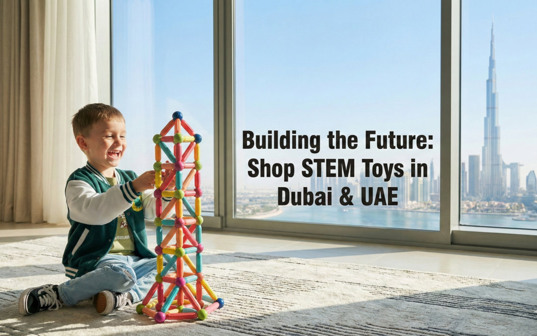 A child building with colorful STEM magnetic blocks in an apartment overlooking the Dubai Creek Harbour skyline, illustrating where to shop stem toys in the UAE.