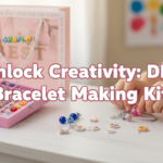 DIY bracelet making kit spread out on a table with silver charms and colorful beads, featuring text Unlock Creativity