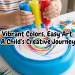 A child creating an easy to paint painting using the Spin Art Machine, resulting in brighter colors and vibrant patterns.
