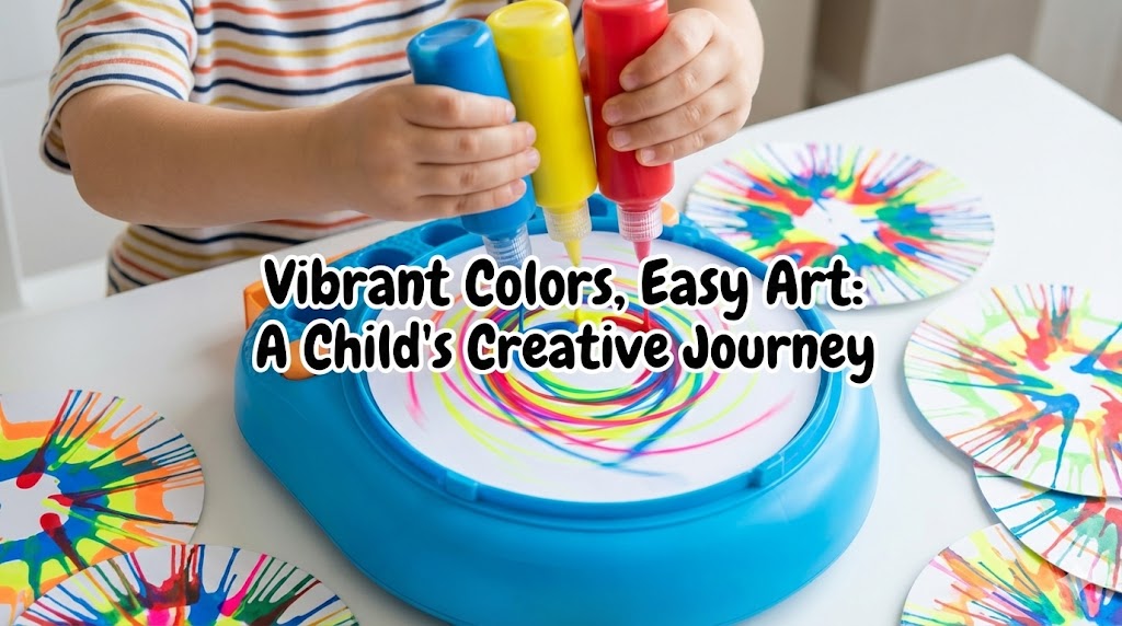 A child creating an easy to paint painting using the Spin Art Machine, resulting in brighter colors and vibrant patterns.