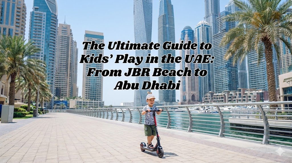 Child riding an electric scooter near JBR Beach Dubai and Dubai Marina, illustrating the best toys for families in the UAE.