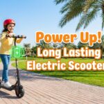 Child riding a long lasting electric scooter in a park with text overlay Power Up