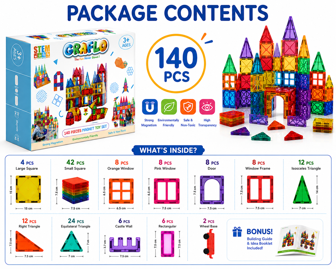 Magnetic Building Tiles for Kids - 140pcs STEM Toy (Ages 3+) - product photo