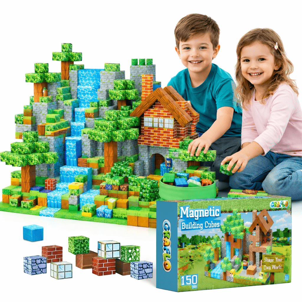 GRAFLO 150PCS Magnetic Building Blocks set including magnetic cubes, storyline booklet, and storage box – top STEM Montessori toy in UAE