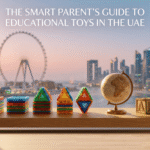 A selection of colorful geometric magnetic tiles, a globe, and wooden blocks on a sunny shelf with the Ain Dubai skyline visible through a window.