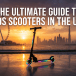 A premium kids' kick scooter with LED wheels in front of a UAE city skyline.