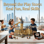 Children in a UAE living room choosing physical toys over a smartphone with the Play Store open