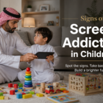 Child showing signs of screen addiction while parents encourage educational toy play in a UAE home