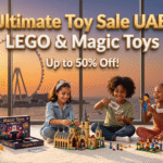 Children playing with LEGO and magic toys in a Dubai apartment with Ain Dubai in the background.