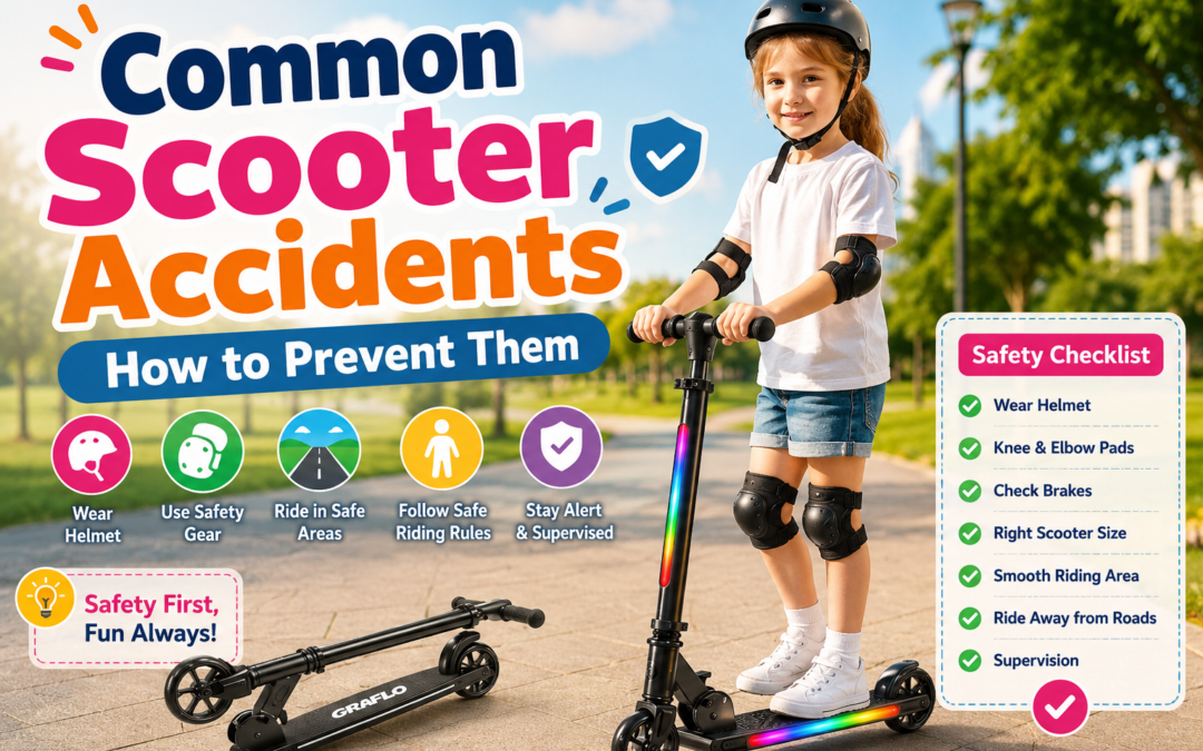 Common scooter accidents prevention with child wearing helmet and riding scooter safely in a park