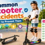 Common scooter accidents prevention with child wearing helmet and riding scooter safely in a park