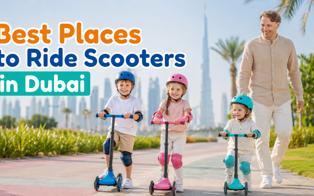 Best places to ride scooters in Dubai with kids riding scooters safely in a family park