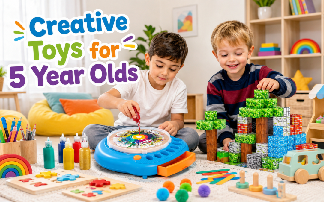 Creative toys for 5 year olds with blocks, art supplies, puzzles, and pretend play toys