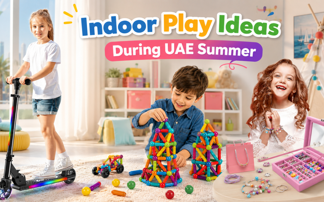 Indoor play ideas during UAE summer with kids enjoying screen-free toys and creative activities at home