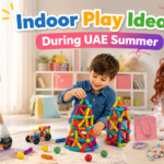 Indoor play ideas during UAE summer with kids enjoying screen-free toys and creative activities at home