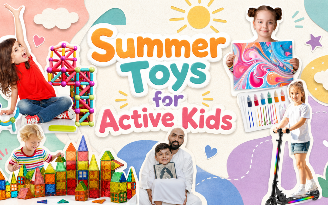 Summer toys for active kids with scooters, outdoor games, and screen-free play toys