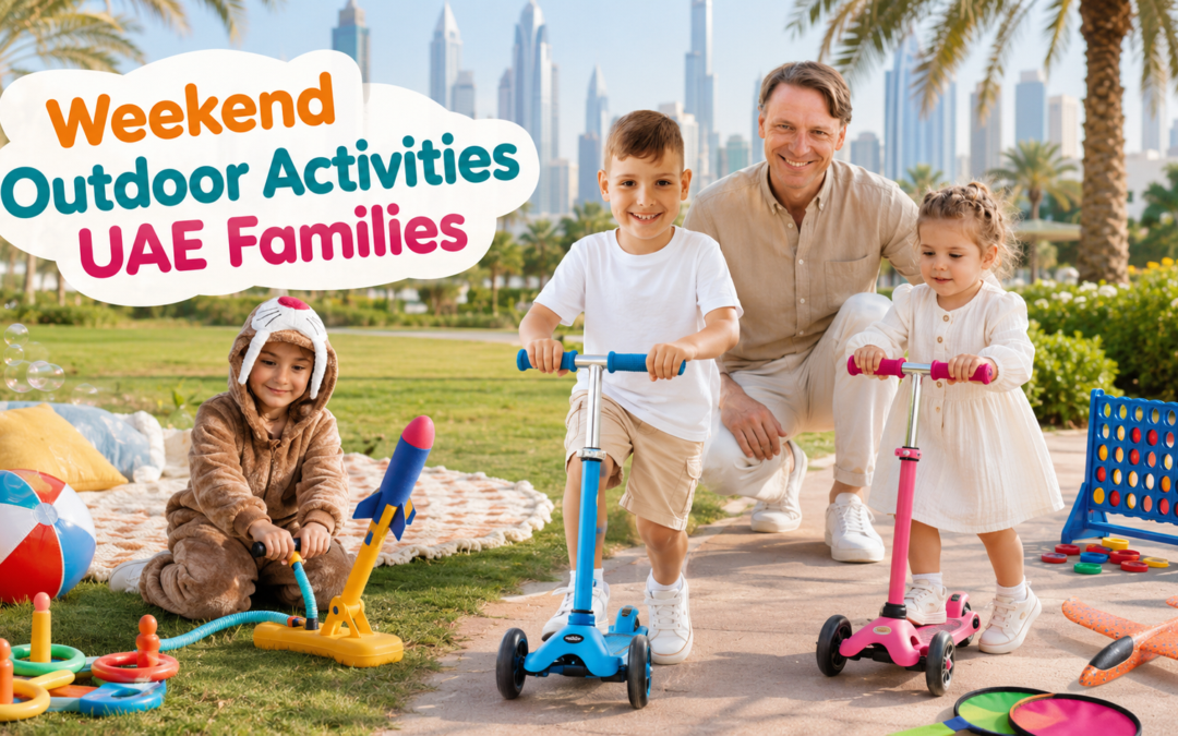 Weekend outdoor activities UAE families with kids playing scooters, bubbles, and outdoor games in a park