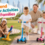 Weekend outdoor activities UAE families with kids playing scooters, bubbles, and outdoor games in a park