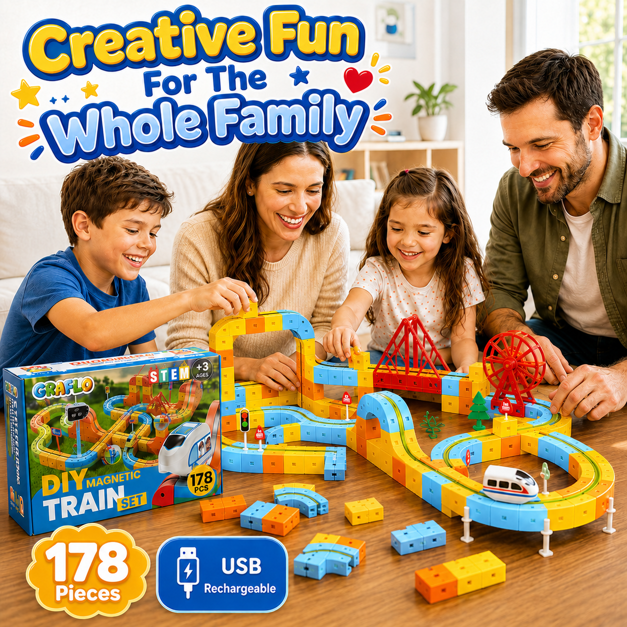 GRAFLO Magnetic Train For Kids 178Pcs STEM Tiles Set Ages 3-8 | GRAFLO