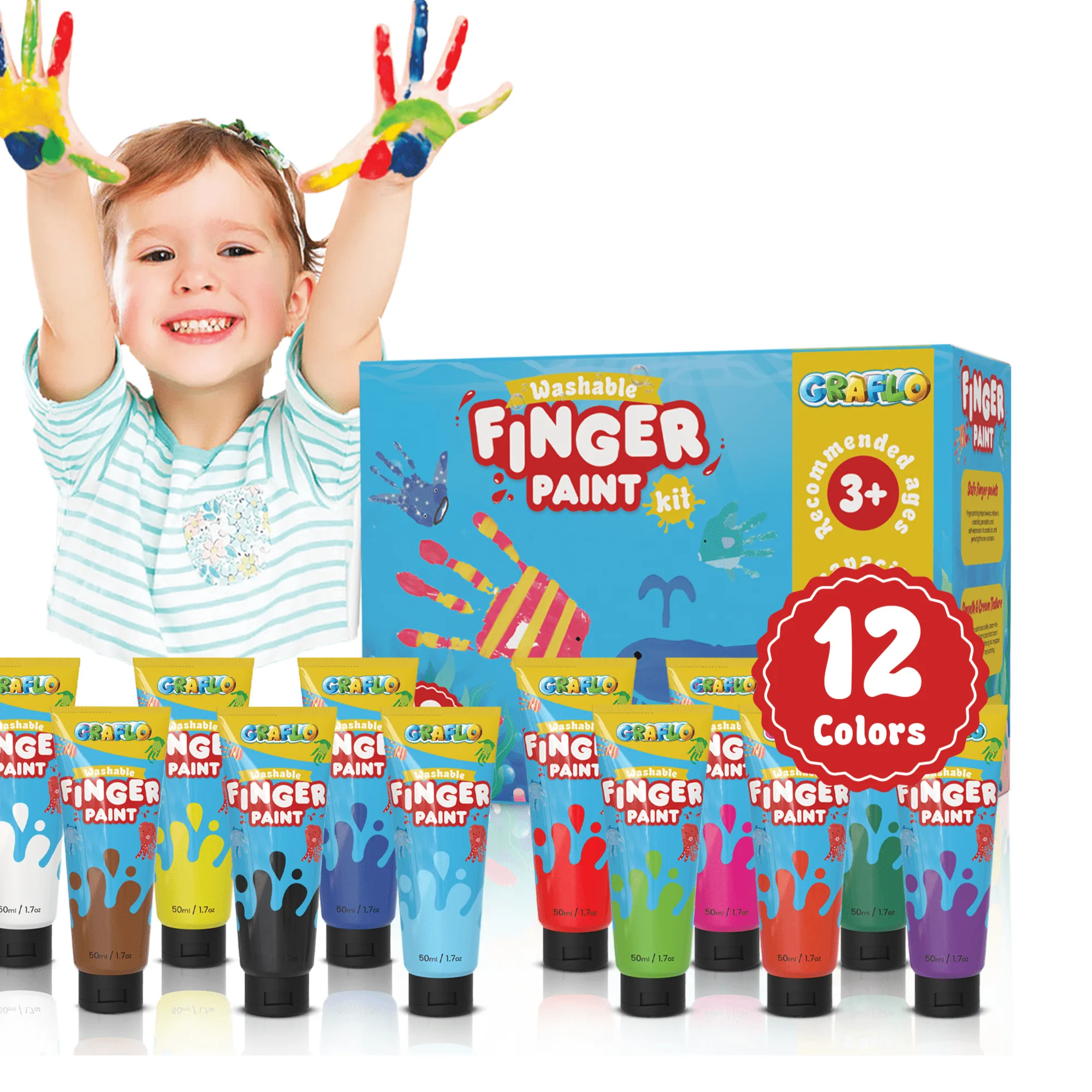 Washable Finger Paint for Toddlers - 12 Non-Toxic Colors Creative Art Set (Ages 1+) | GRAFLO