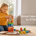 A smart mother and her child exploring the educational toys world of STEM building blocks in a bright living room.