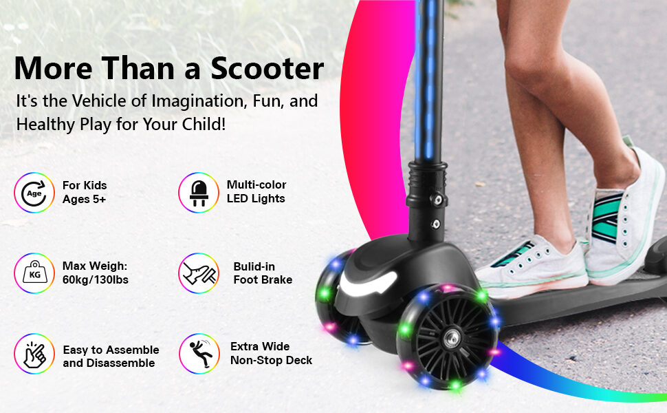 More than a scooter: for kids ages 5 and up, with multi-colour LED lights, 60 kg max weight, built-in foot brake, easy assembly and an extra wide deck