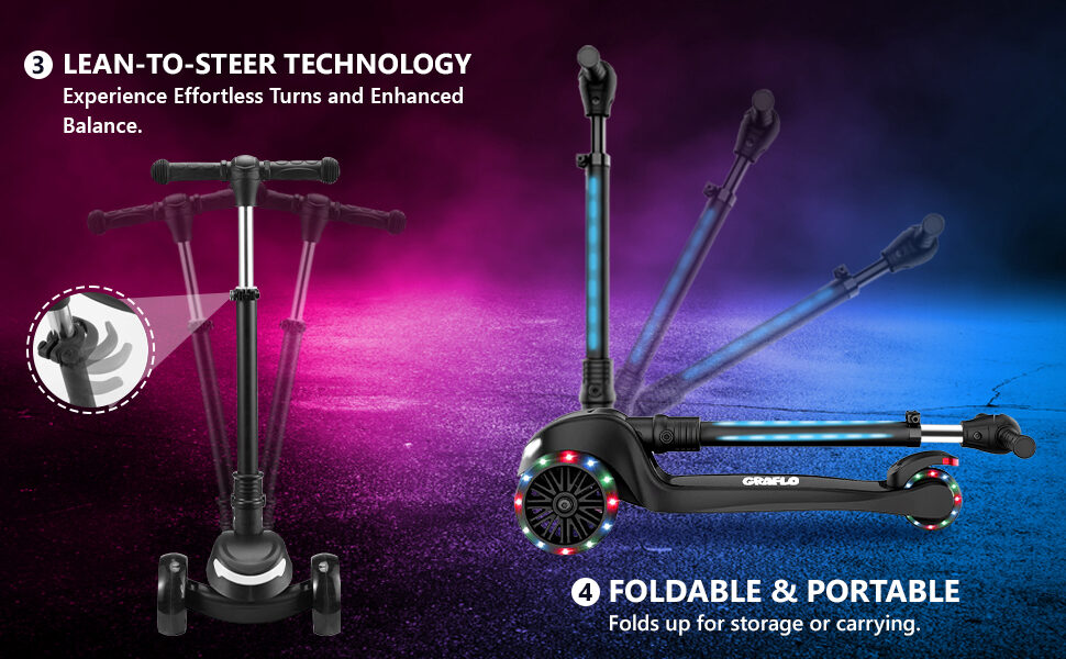 Lean-to-steer technology for effortless turns, and a foldable portable frame for storage or carrying