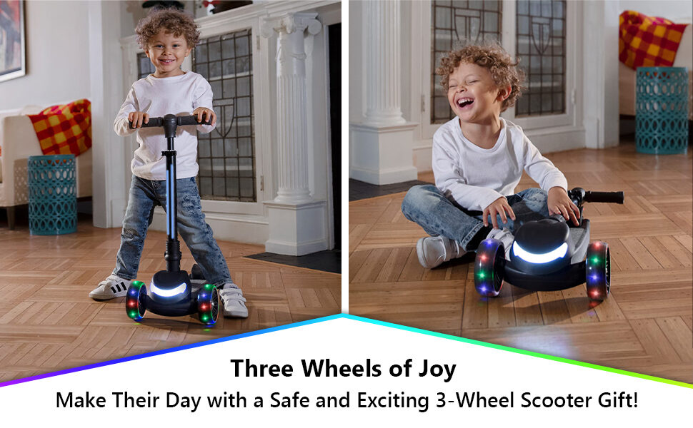 Three wheels of joy: a young child riding and playing with the GRAFLO three-wheel scooter indoors