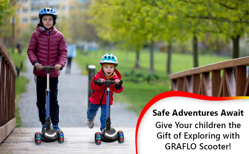 Parent-approved and kids' favourite: a young girl riding the GRAFLO scooter on a park path with her family