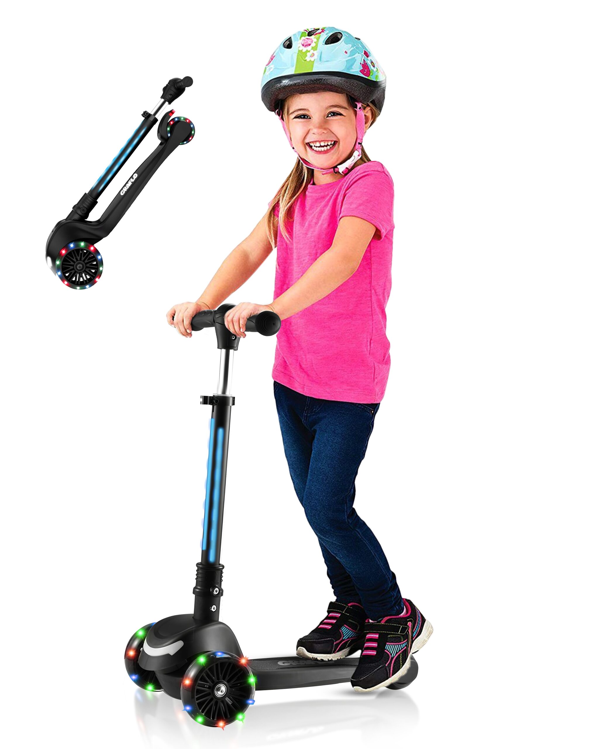 A girl in a pink top riding the GRAFLO three-wheel LED kick scooter, shown beside the folded scooter