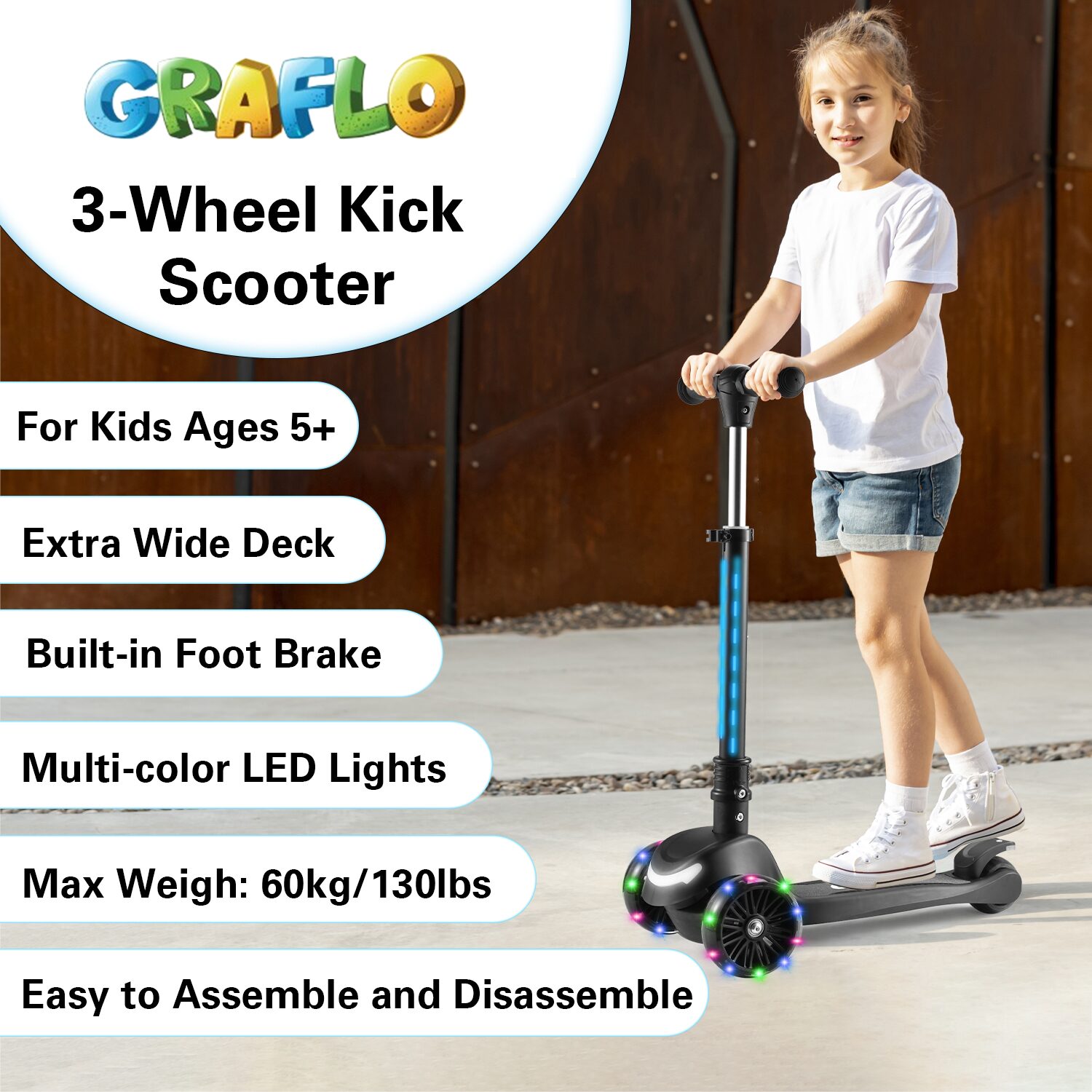 GRAFLO 3-Wheel Kick Scooter for kids ages 5 and up, with extra wide deck, built-in foot brake, multi-colour LED lights and 60 kg max weight