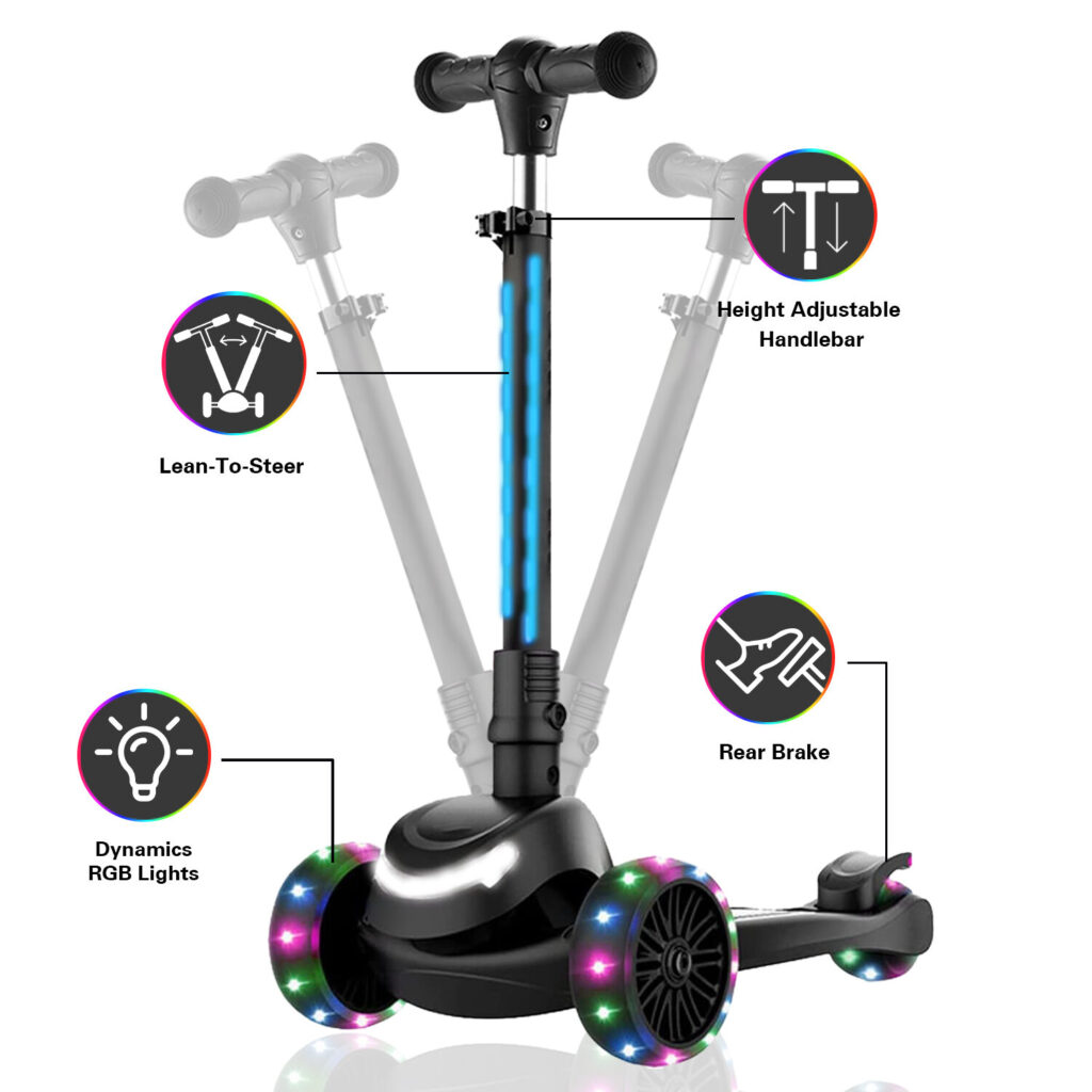 GRAFLO three-wheel scooter feature callouts: lean-to-steer, height-adjustable handlebar, dynamic RGB lights and rear brake