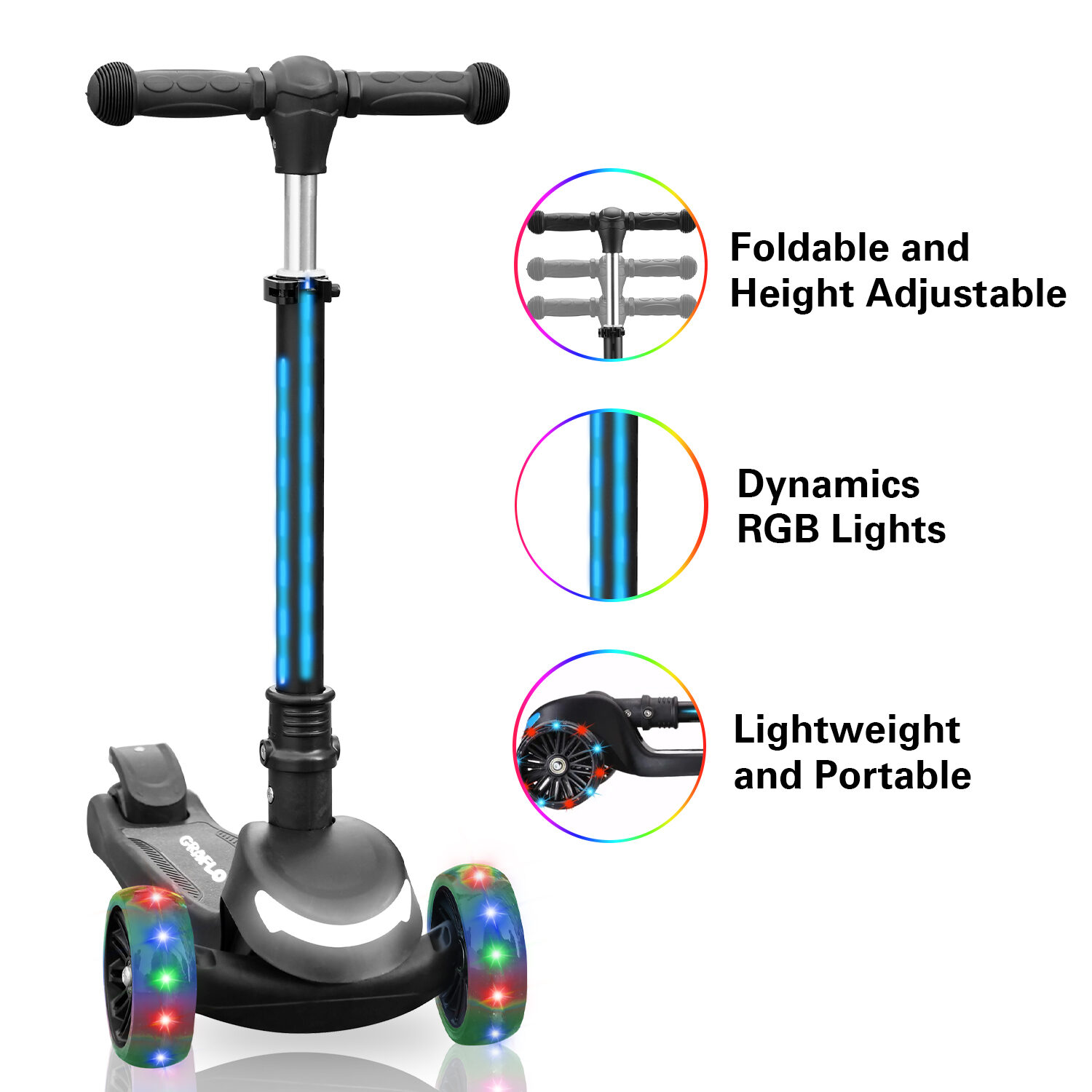 GRAFLO three-wheel scooter shown as foldable and height adjustable, with dynamic RGB lights and a lightweight portable frame