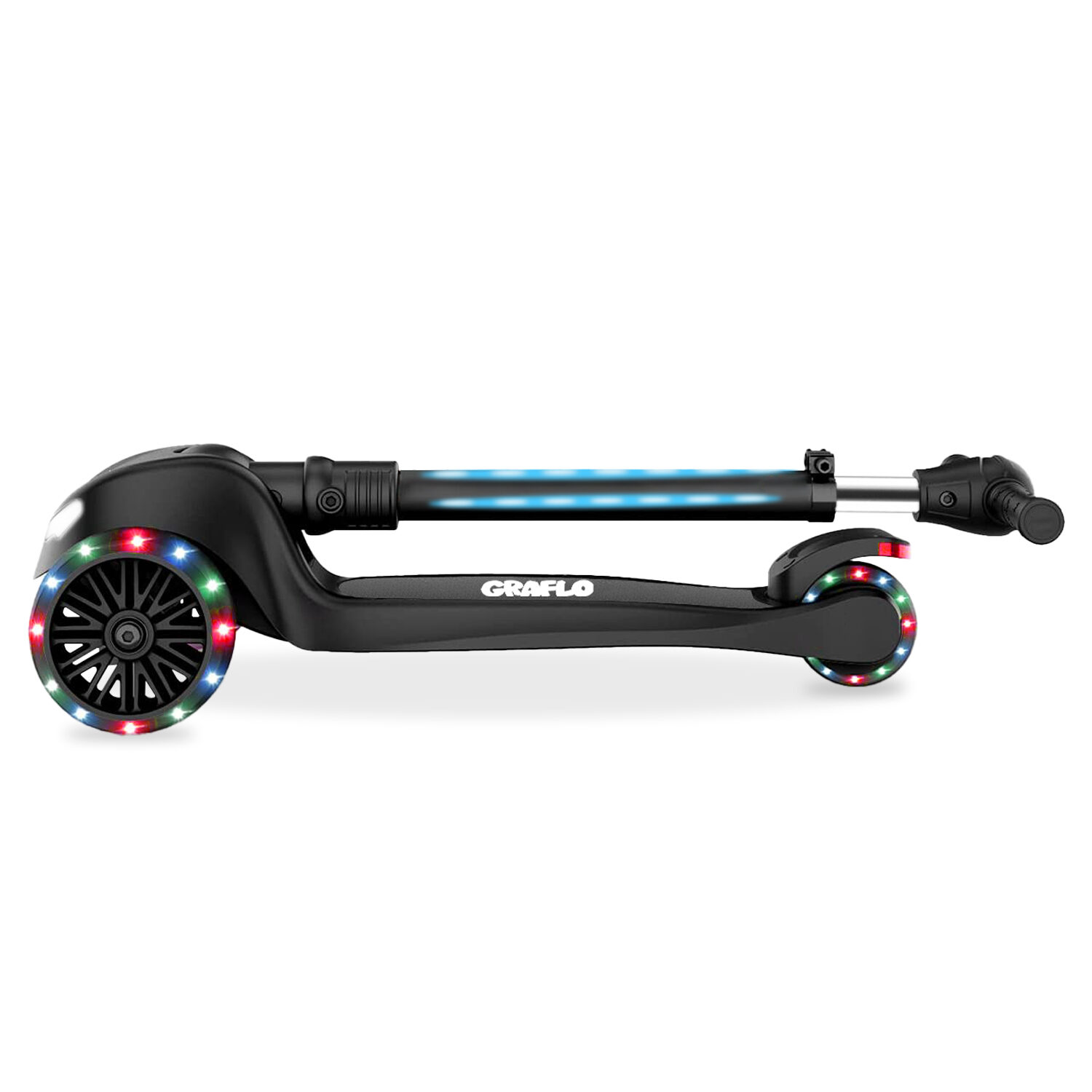 The GRAFLO three-wheel kick scooter folded flat, showing the light-up wheels