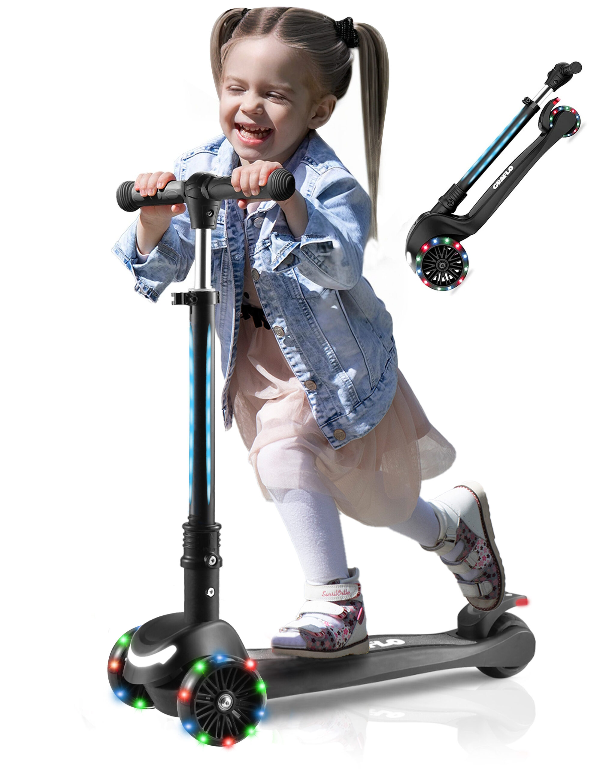 A girl in a denim jacket riding the GRAFLO three-wheel LED kick scooter, shown beside the folded scooter