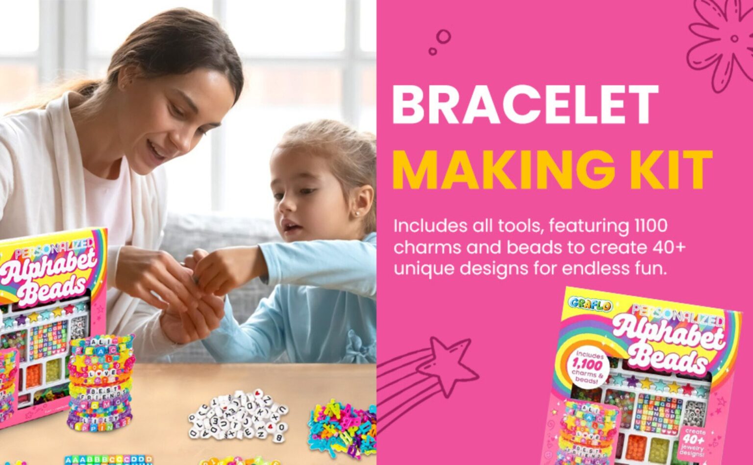 GRAFLO bracelet making kit: includes all tools, 1100 charms and beads to create 40 or more unique designs, shown with a mother and daughter beading